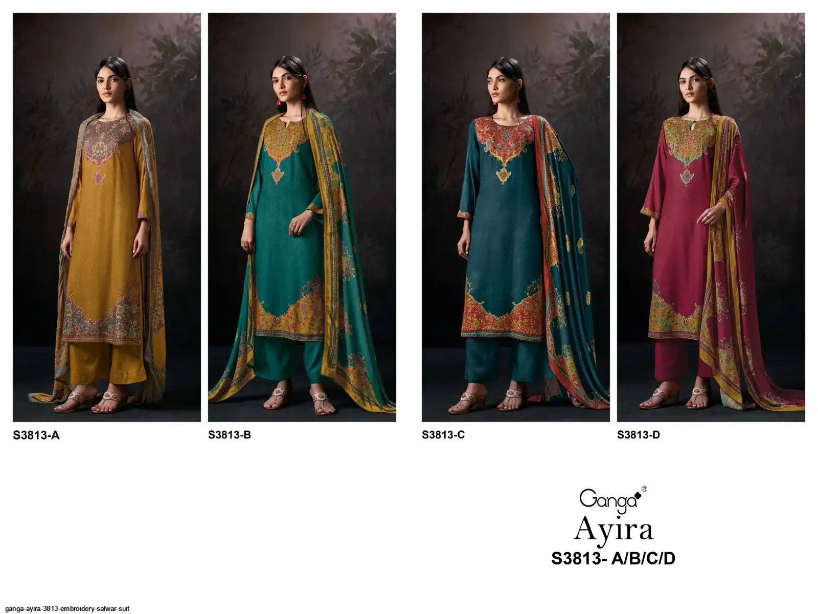 Ganga Ayira Pure Pashmina Hand Embroidery Winter Suit Deep Deep Teal / Peacock Green (Dress Material)