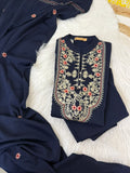 Winter Suit Navy Blue - 3 Pc Set - Kurta Pant Dupatta