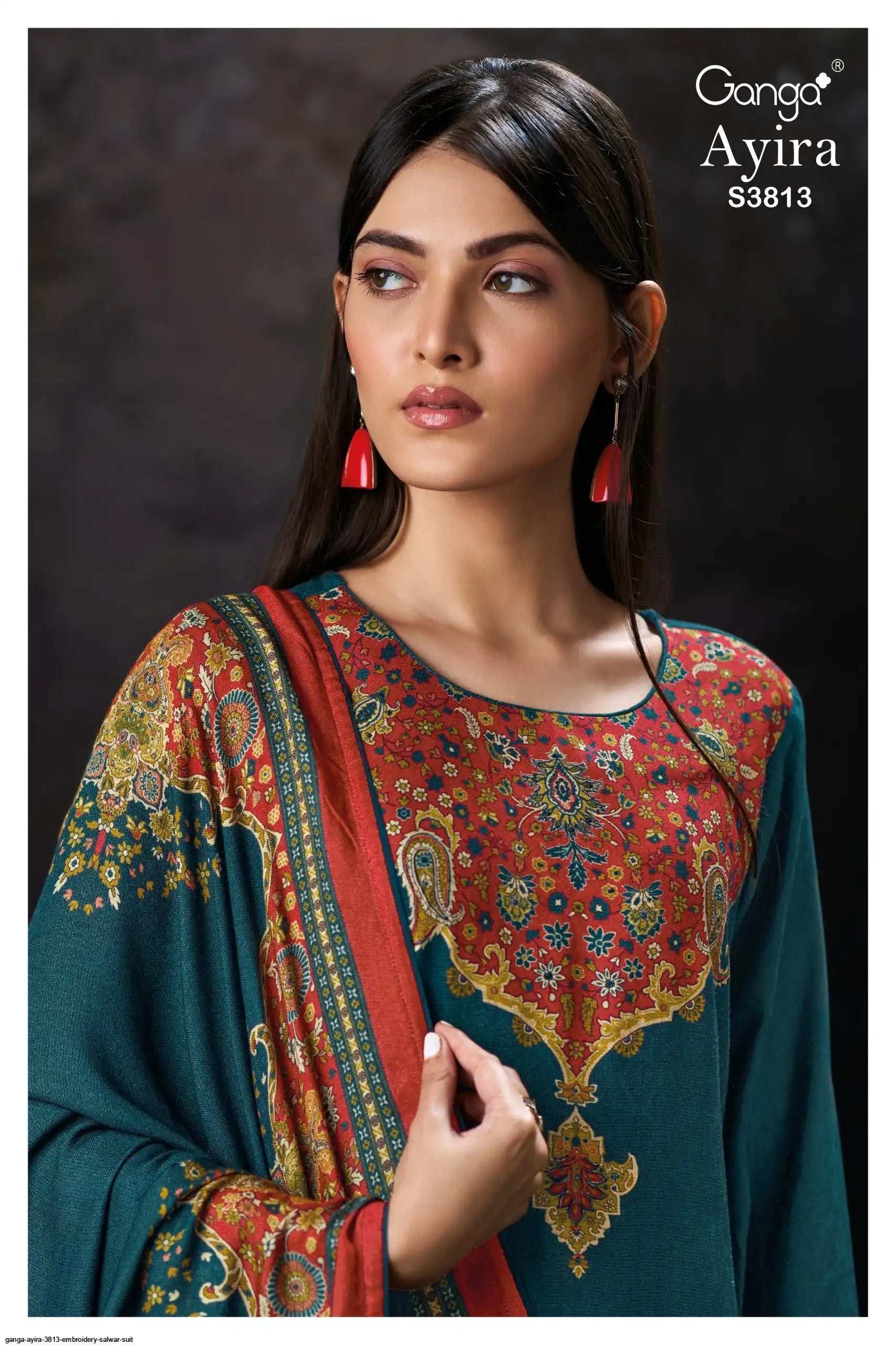 Ganga Ayira Pure Pashmina Hand Embroidery Winter Suit Dark Blue-Green / Bottle Green (Dress Material)