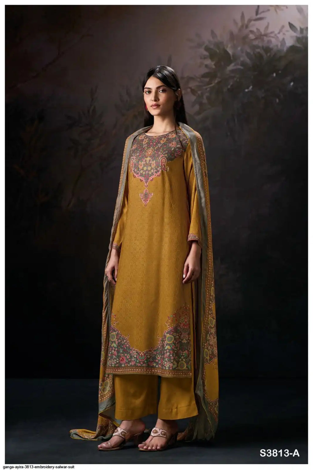 Ganga Ayira Pure Pashmina Hand Embroidery Winter Suit Deep Mustard Yellow Gold Ochre (Dress Material)