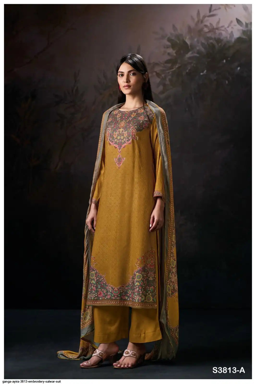 Ganga Ayira Pure Pashmina Hand Embroidery Winter Suit Deep Mustard Yellow Gold Ochre (Dress Material)