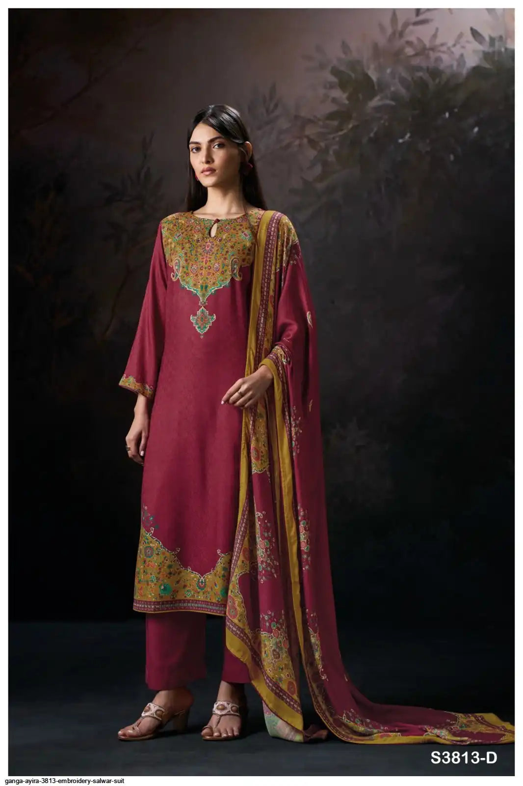 Ganga Ayira Pure Pashmina Hand Embroidery Winter Suit Deep Raspberry / Wine Red (Dress Material)