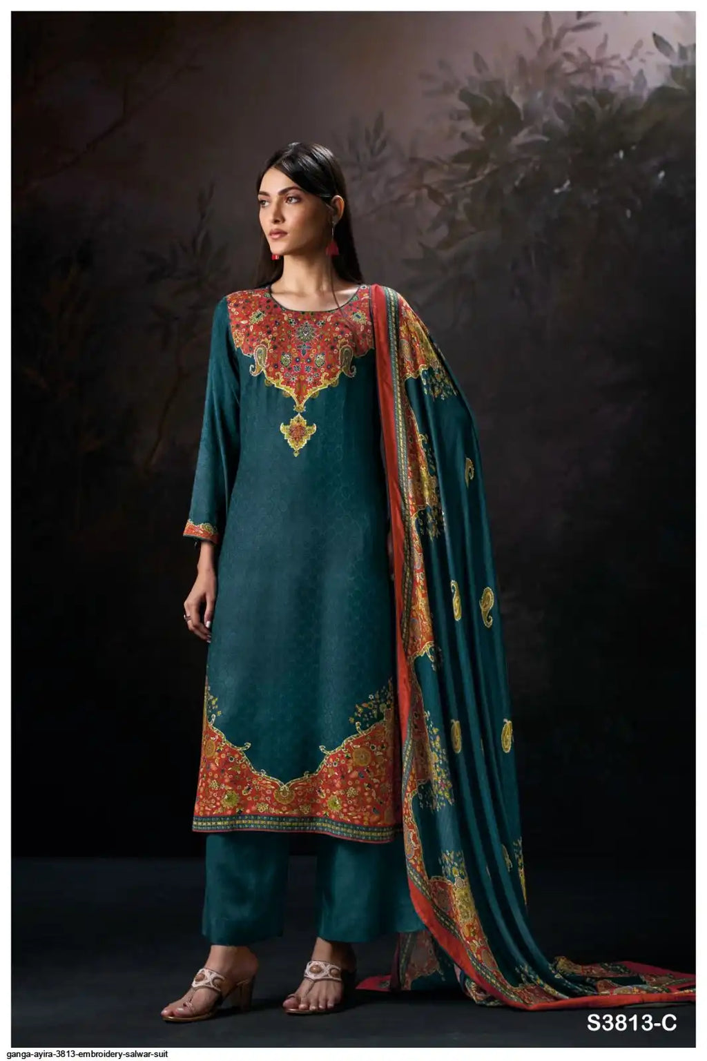 Ganga Ayira Pure Pashmina Hand Embroidery Winter Suit Dark Blue-Green / Bottle Green (Dress Material)