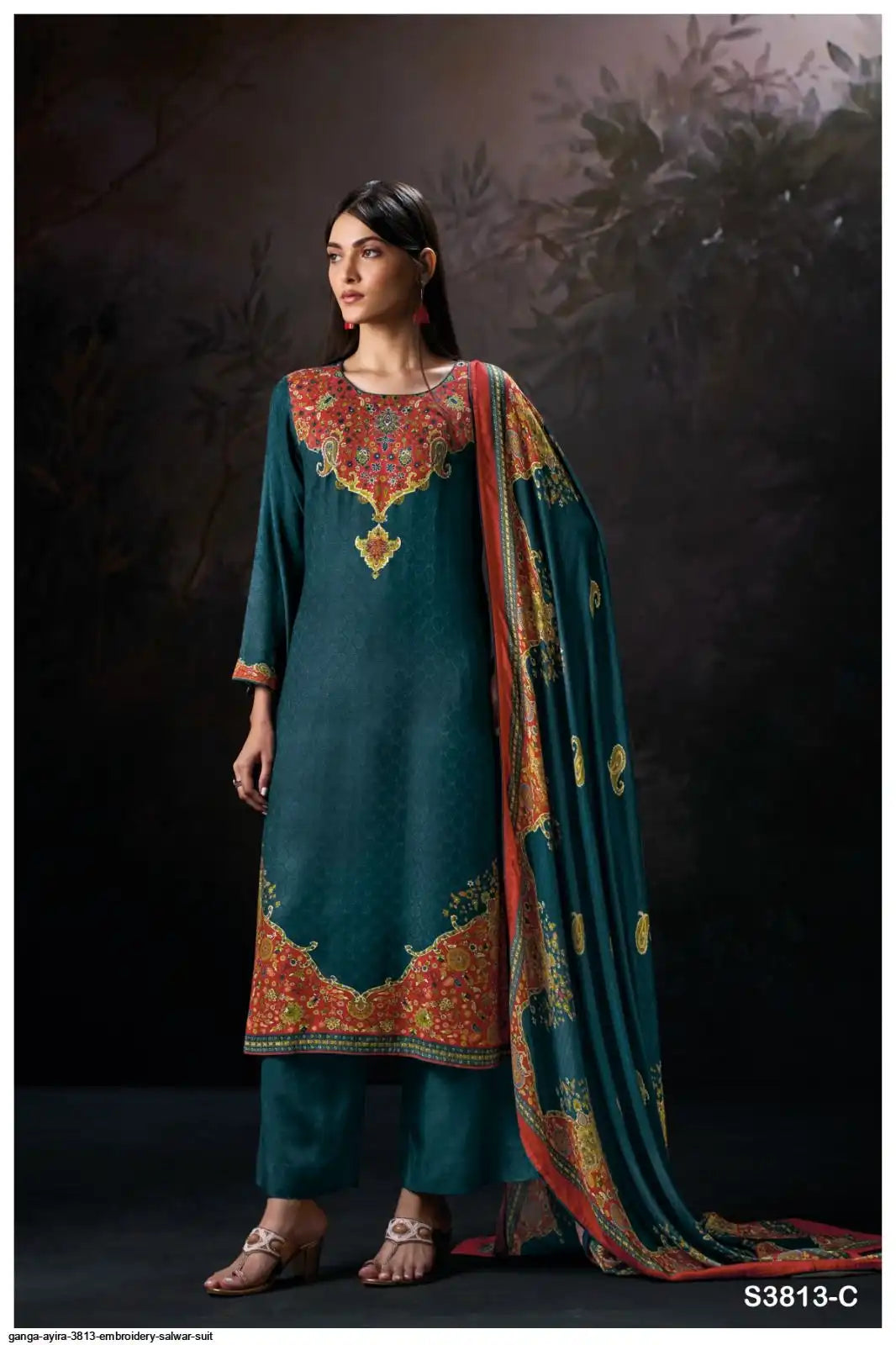 Ganga Ayira Pure Pashmina Hand Embroidery Winter Suit Dark Blue-Green / Bottle Green (Dress Material)