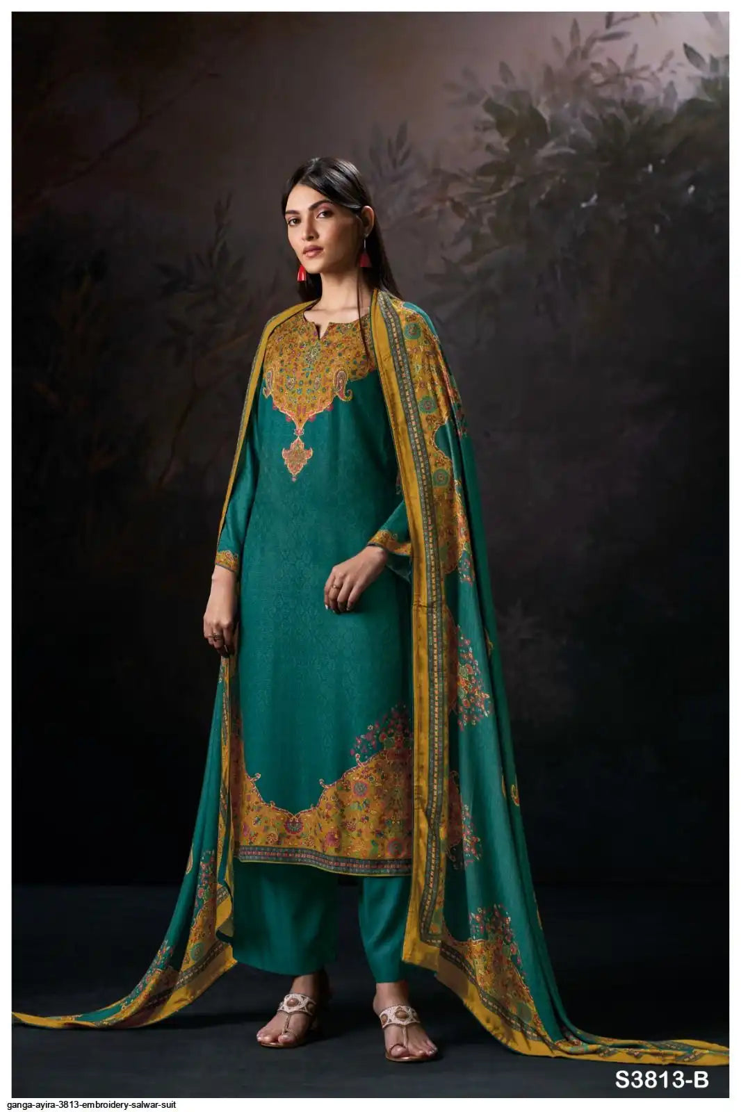Ganga Ayira Pure Pashmina Hand Embroidery Winter Suit Deep Deep Teal / Peacock Green (Dress Material)
