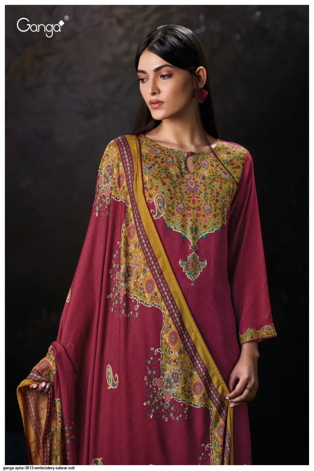 Ganga Ayira Pure Pashmina Hand Embroidery Winter Suit Deep Raspberry / Wine Red (Dress Material)
