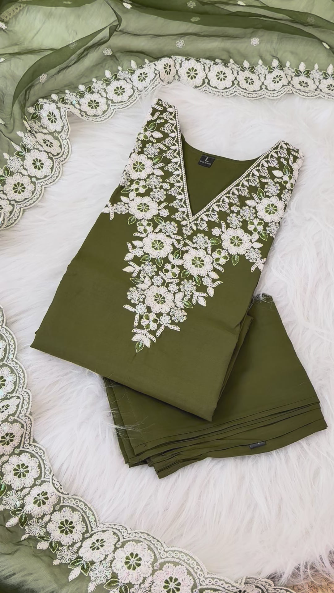 Stitched Cotton Mehendi Green Suit Set - Kurta Pant Dupatta
