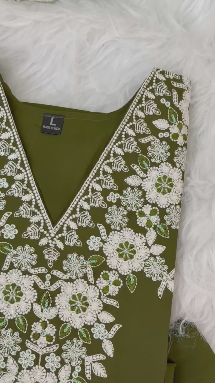 Stitched Cotton Mehendi Green Suit Set - Kurta Pant Dupatta