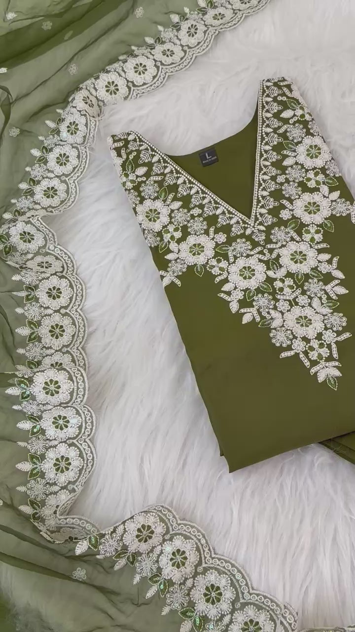 Stitched Cotton Mehendi Green Suit Set - Kurta Pant Dupatta