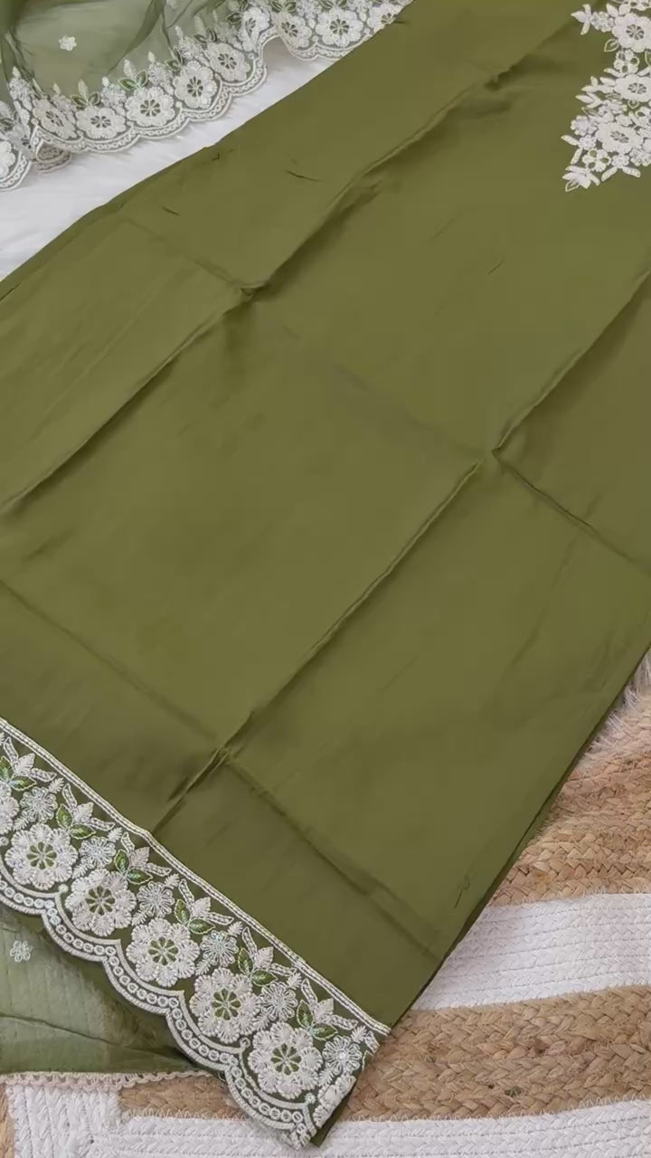 Stitched Cotton Mehendi Green Suit Set - Kurta Pant Dupatta