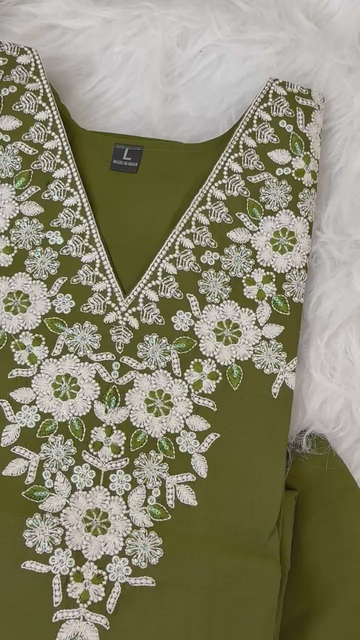 Stitched Cotton Mehendi Green Suit Set - Kurta Pant Dupatta