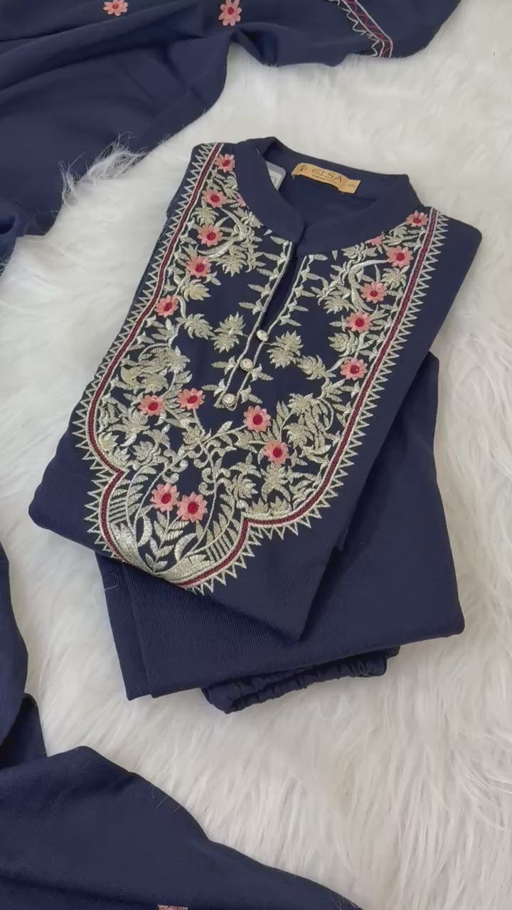 Winter Suit Navy Blue - 3 Pc Set - Kurta Pant Dupatta