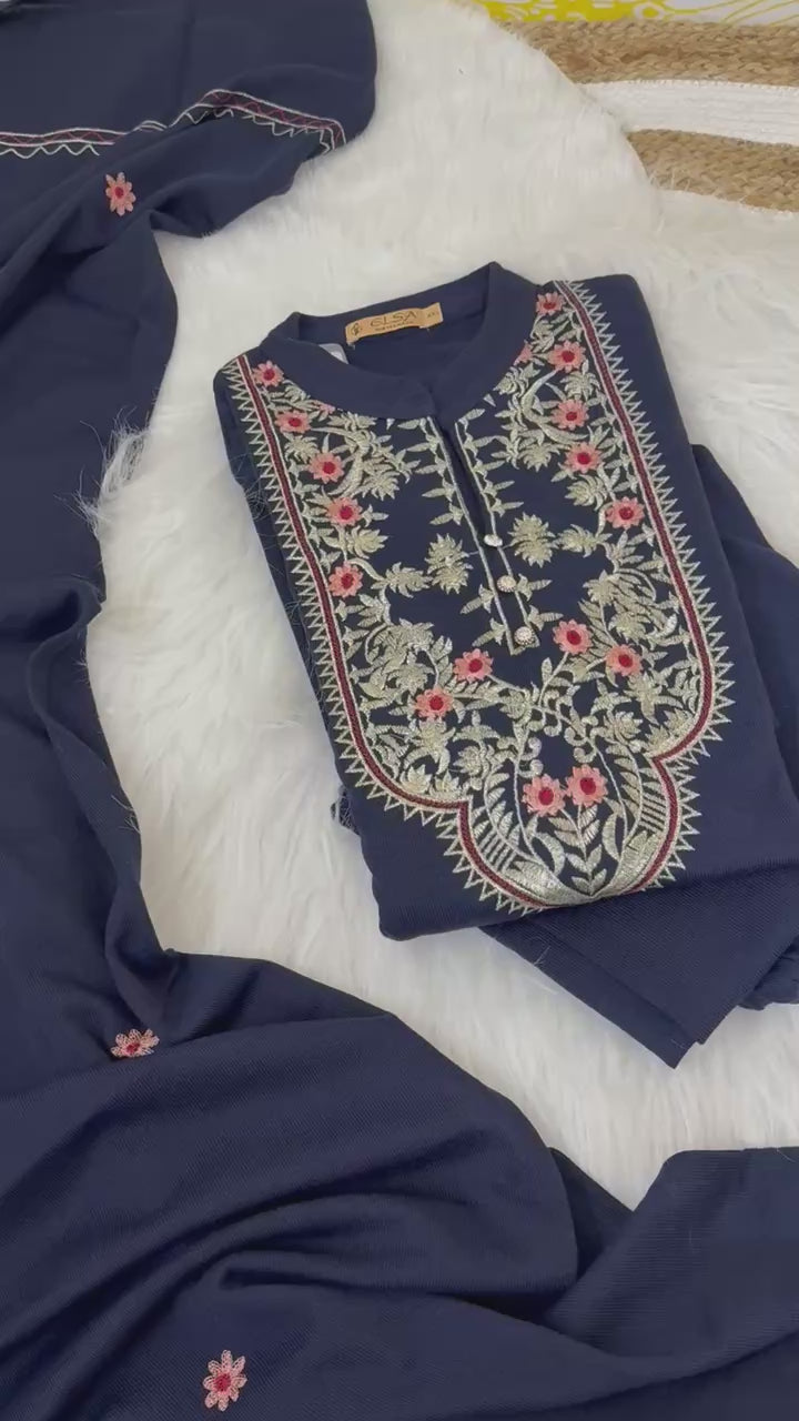 Winter Suit Navy Blue - 3 Pc Set - Kurta Pant Dupatta