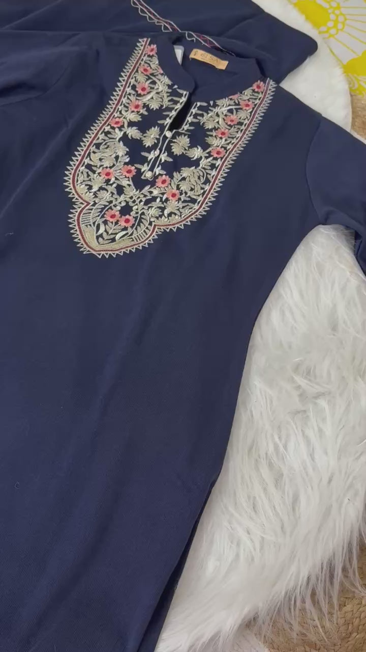 Winter Suit Navy Blue - 3 Pc Set - Kurta Pant Dupatta