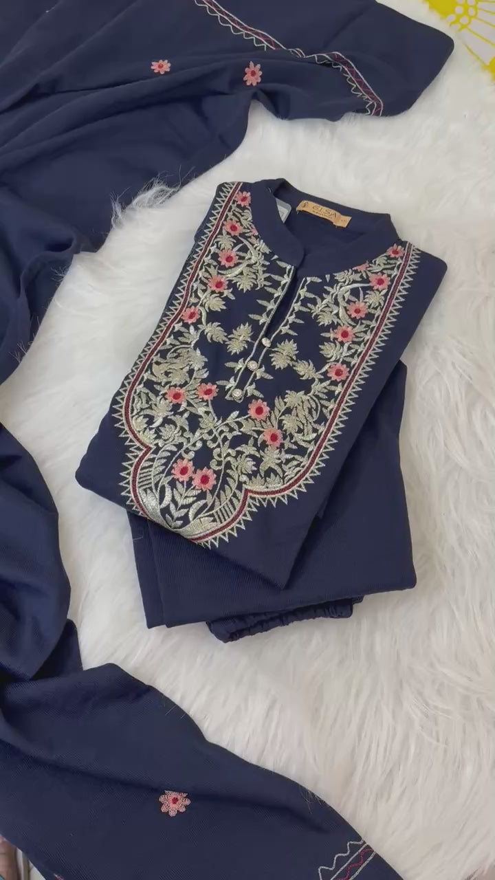 Winter Suit Navy Blue - 3 Pc Set - Kurta Pant Dupatta