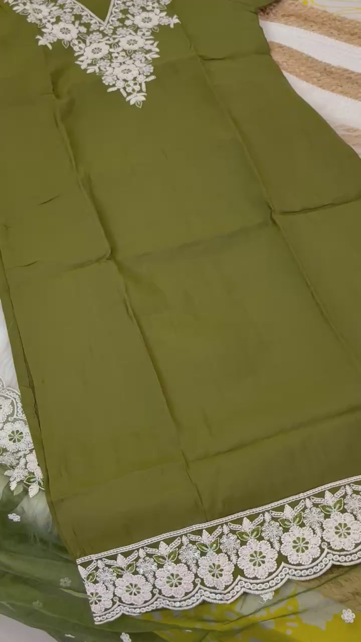 Stitched Cotton Mehendi Green Suit Set - Kurta Pant Dupatta